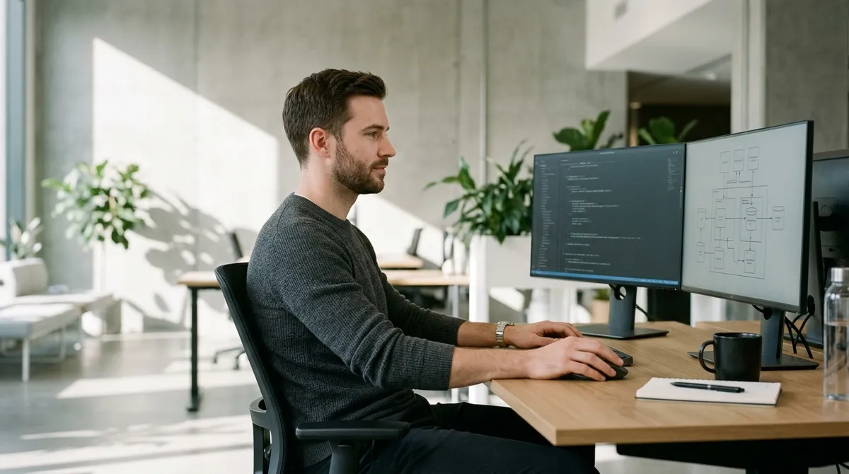 Consultant informatique devant du code sur deux écrans